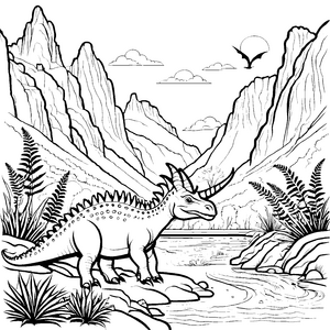 Styracosaurus erkundet fröhlich das Flussufer Ausmalvorlage für abenteuerliche Dinosaurierfreunde