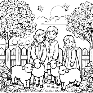 Fröhliche Kinder mit süßen Lämmern im Frühling Ausmalvorlage für junge Naturfreunde