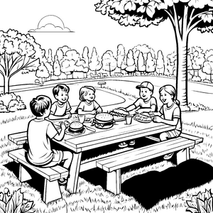 Leckere Hamburger-Picknickrunde mit fröhlichen Freunden Ausmalmotiv für hungrige Entdecker