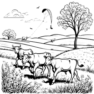 Fröhliche Stierbabys auf der blühenden Wiese Ausmalbild für junge Naturentdecker