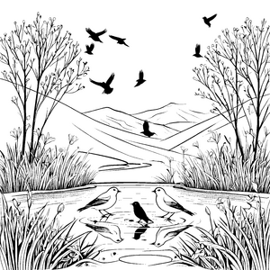 Verspielte Vögel bei romantischem Wasser Malvorlage für kleine Naturfreunde