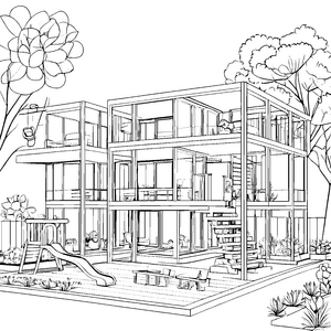 Moderne Villa mit Abenteuerspielplatz Ausmalvorlage für kleine Baukünstler