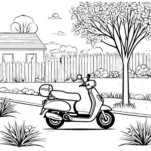 Sportliches Moped vor malerischem Garten Ausmalbild für aufregende Fahrfreunde