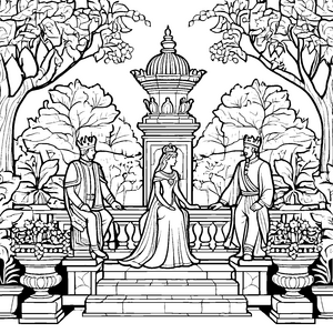 Majestätisches Königspaar im zauberhaften Garten Ausmalmotiv für kleine Märchenliebhaber