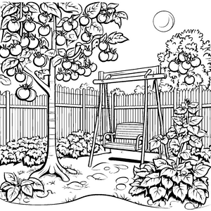 Sonnige Tomaten am Schwingbaum Ausmalbild für fröhliche Gartenentdecker