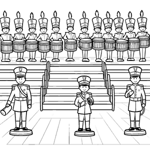 Rhythmische Trommler in bunter Parade Ausmalbild für kleine Musikentdecker