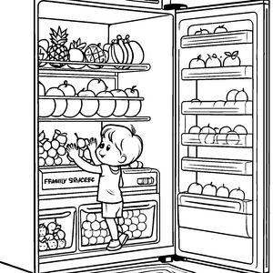 Fröhlicher Junge entdeckt frische Früchte im Kühlschrank Ausmalmotiv für neugierige Mini-Köche
