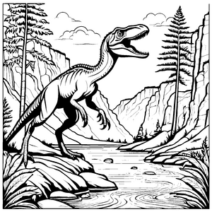 Spannender Velociraptor am lebhaften Fluss Ausmalbild für kleine Dino-Fans