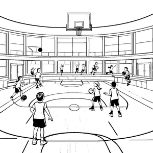 Spannender Basketballspielplatz voller Action Ausmalvorlage für energiegeladene Sportbegeisterte