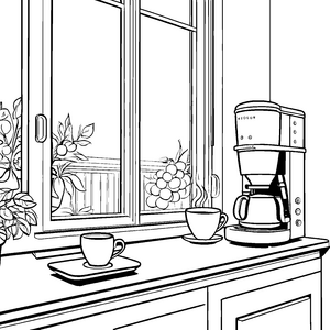 Bezaubernde Kaffeemaschine mit duftendem Kaffee Ausmalvorlage für kleine Genießer