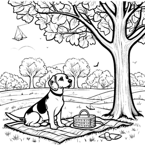 Beagle beim entspannten Picknick unter Bäumen Ausmalvorlage für neugierige Abenteurer