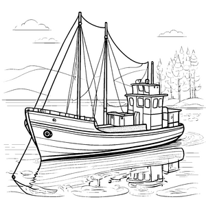 Abenteuerliches Schiff auf dem glitzernden Wasser Ausmalmotiv für kleine Seefahrer