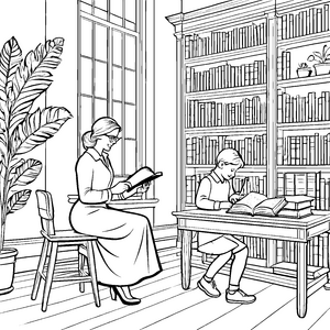 Lesebegeisterte Bibliothekarin mit neugierigem Kind Ausmalvorlage für wissbegierige Entdecker