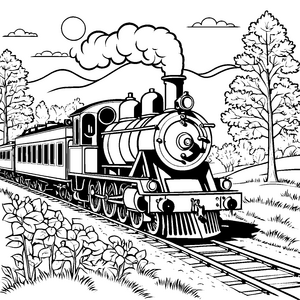 Dampflokomotive pufft durch die grüne Landschaft Ausmalvorlage für kleine Reisefreunde