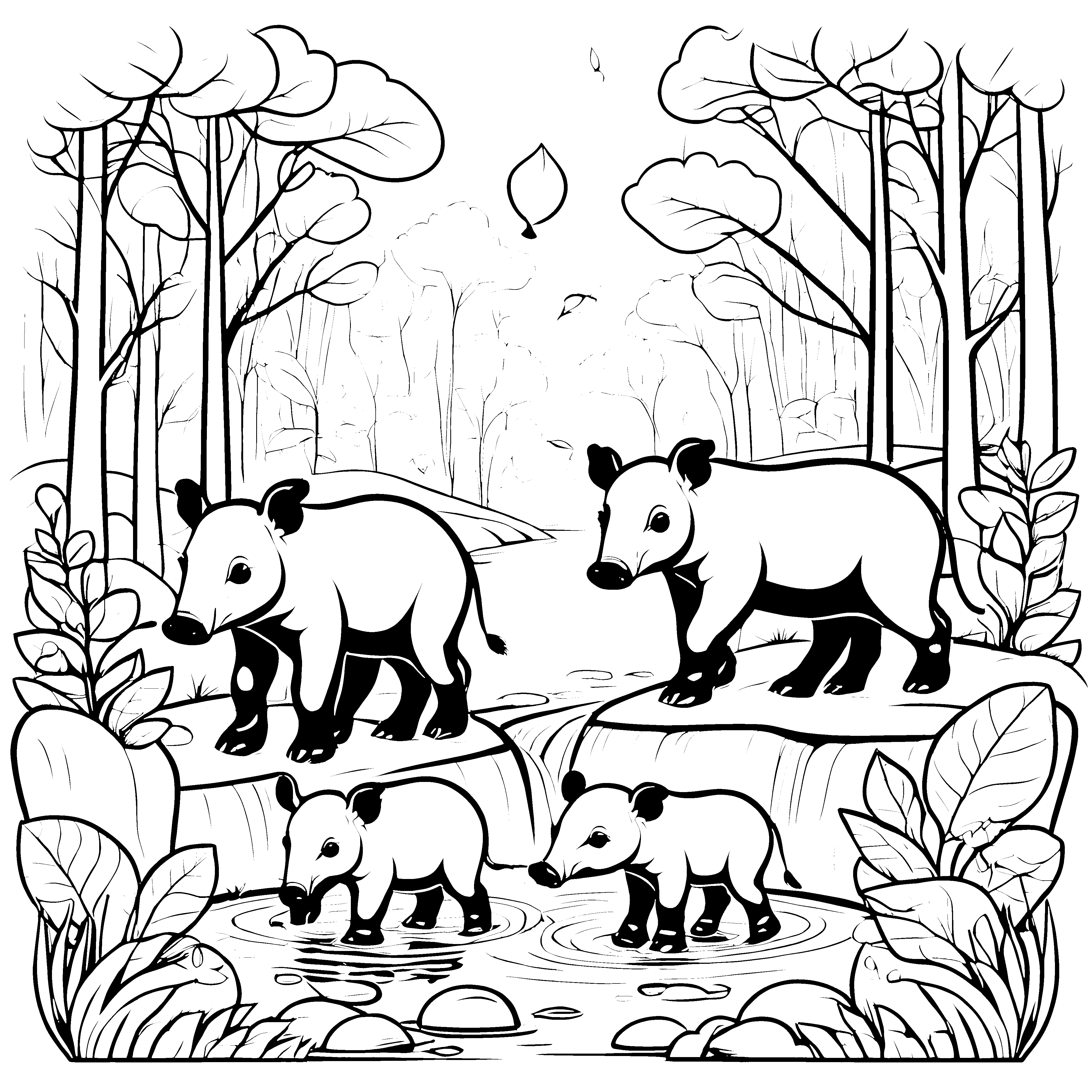 Niedliche Tapir-Jungtiere am glitzernden Wasserfall Ausmalmotiv für neugierige Entdecker