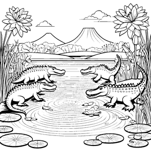Verspielte Krokodile am glitzernden Teich Malvorlage für kleine Abenteurer
