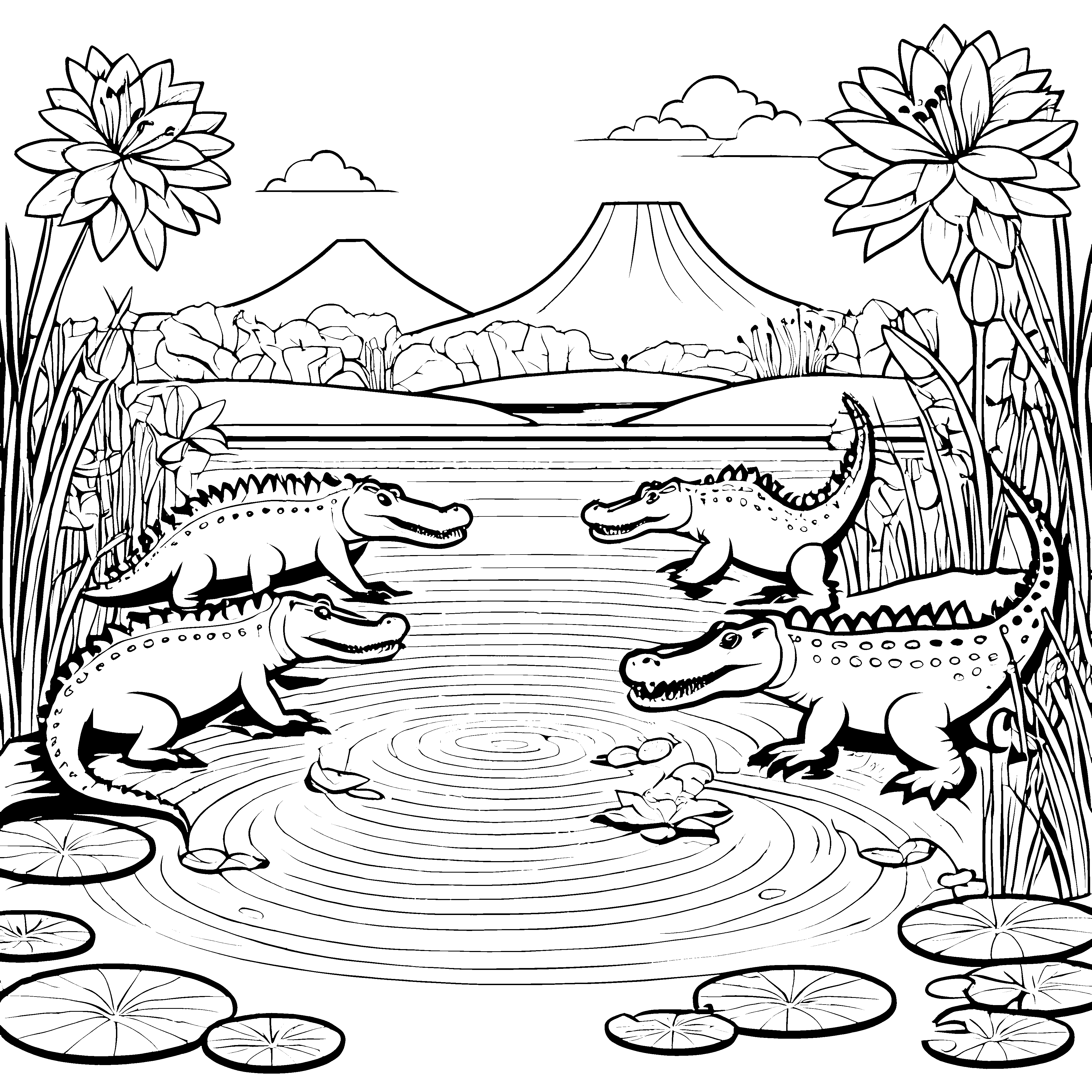 Verspielte Krokodile am glitzernden Teich Malvorlage für kleine Abenteurer