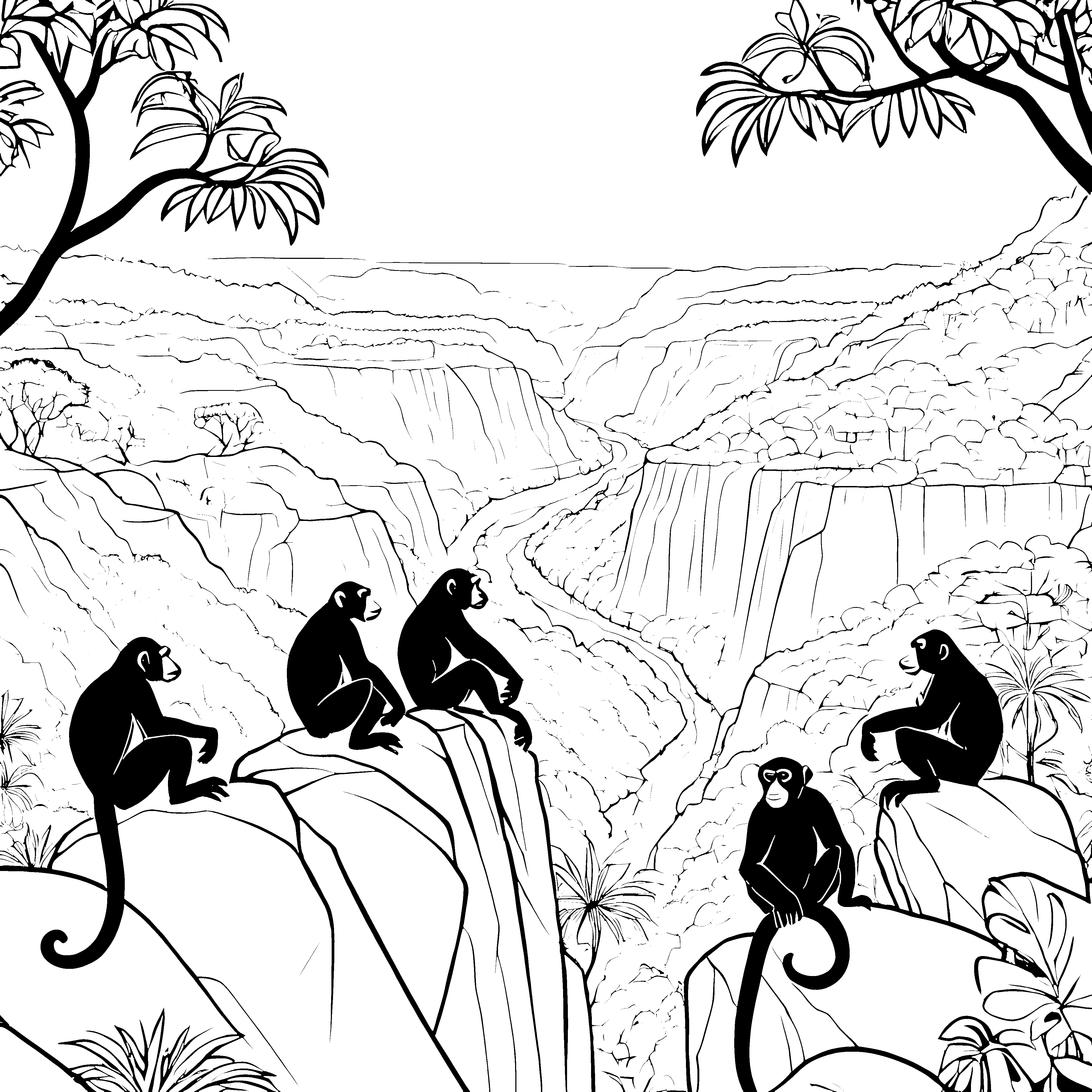 Fünf neugierige Bonobos auf hohen Felsen Ausmalmotiv für abenteuerliche Entdecker
