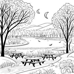 Gemütliche Picknicktische am malerischen See Ausmalvorlage für kleine Naturfreunde