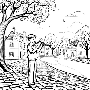Zauberhafte Flötenmelodien im malerischen Dorf Ausmalvorlage für inspirierte Musikfreunde