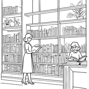 Entdeckungsfreudige Leser in der Bibliothek Ausmalmotiv für wissbegierige junge Köpfe