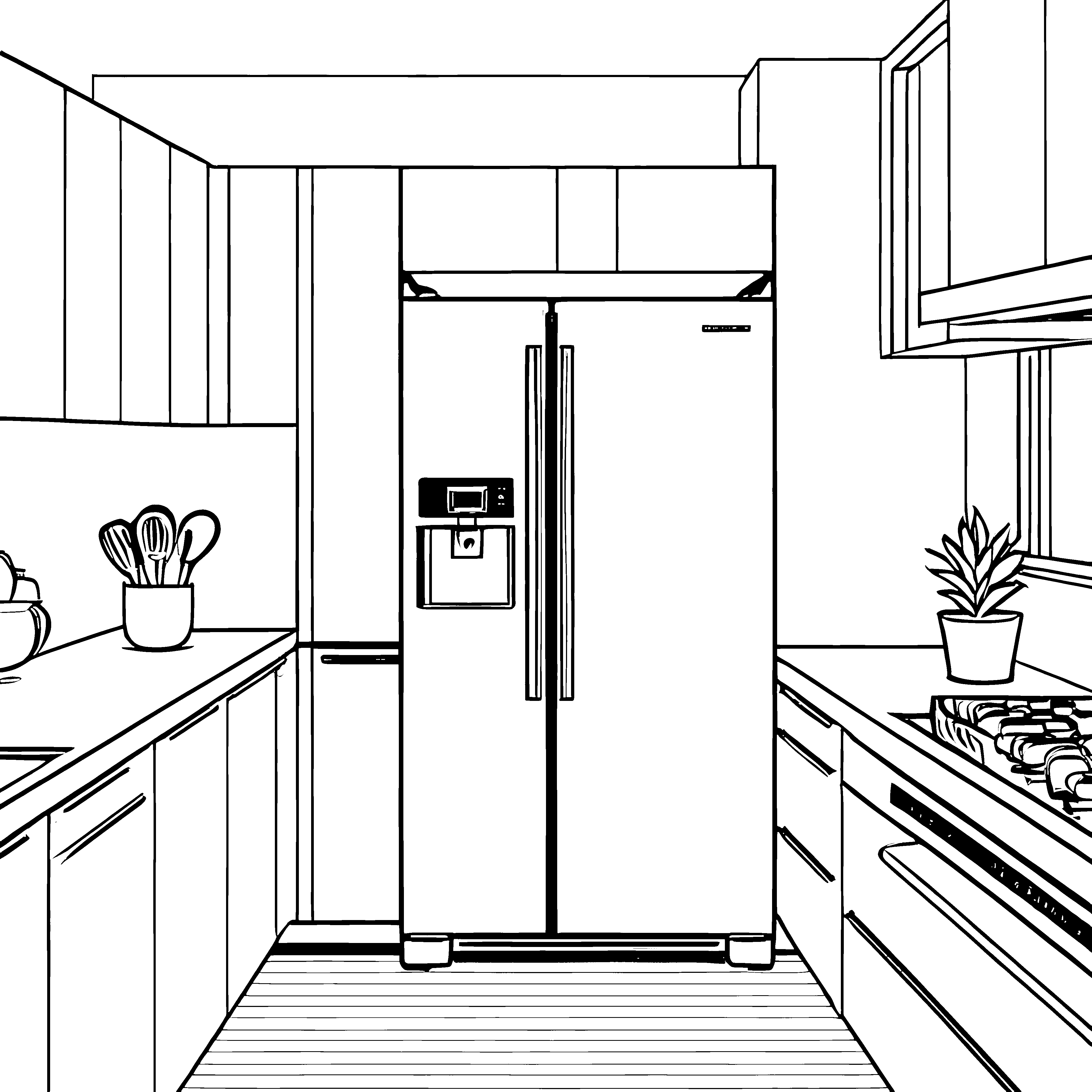 Moderner Kühlschrank in stilvoller Küche Ausmalvorlage für kreative Küchendesigner