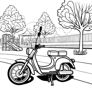 Spannendes Moped im Park mit Spielplatz Ausmalbild für abenteuerlustige Entdecker