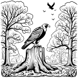 Furchtloser Bussard auf altem Baumstumpf Ausmalbild für abenteuerlustige Naturentdecker