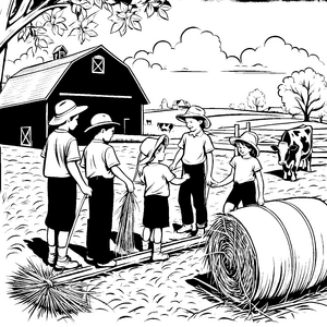 Fröhliche Kinder bei der Ernte auf dem Bauernhof Ausmalbild für kleine Landliebhaber