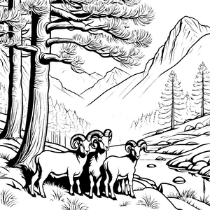 Verspielt neugierige Widders mit beeindruckendem Bergblick Ausmalbild für kleine Naturentdecker