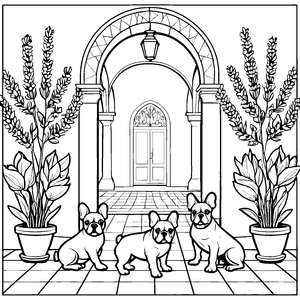 Fröhliche Französische Bulldoggen im blühenden Garten Ausmalbild für neugierige kleine Naturfreunde