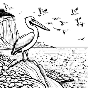 Majestätischer Pelikan an der Küste Ausmalvorlage für abenteuerliche Naturfreunde