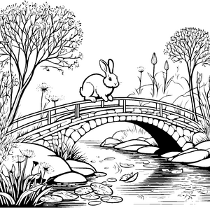 Verspielter Hase auf der malerischen Brücke Ausmalbild für neugierige Entdecker