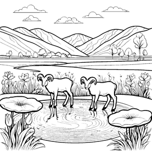 Niedliche Widderspringer am glitzernden Teich Ausmalbild für fröhliche Naturentdecker