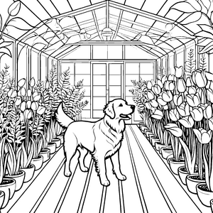 Fröhlicher Golden Retriever zwischen bunten Blumen Malvorlage für kleine Gartenfreunde