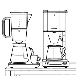 Kreative Kaffeemaschinen auf der Küchentheke Ausmalvorlage für innovative Kaffeekünstler