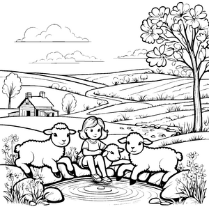 Zwei neugierige Lämmer am ruhigen Teich Ausmalbild für kleine Naturfreunde
