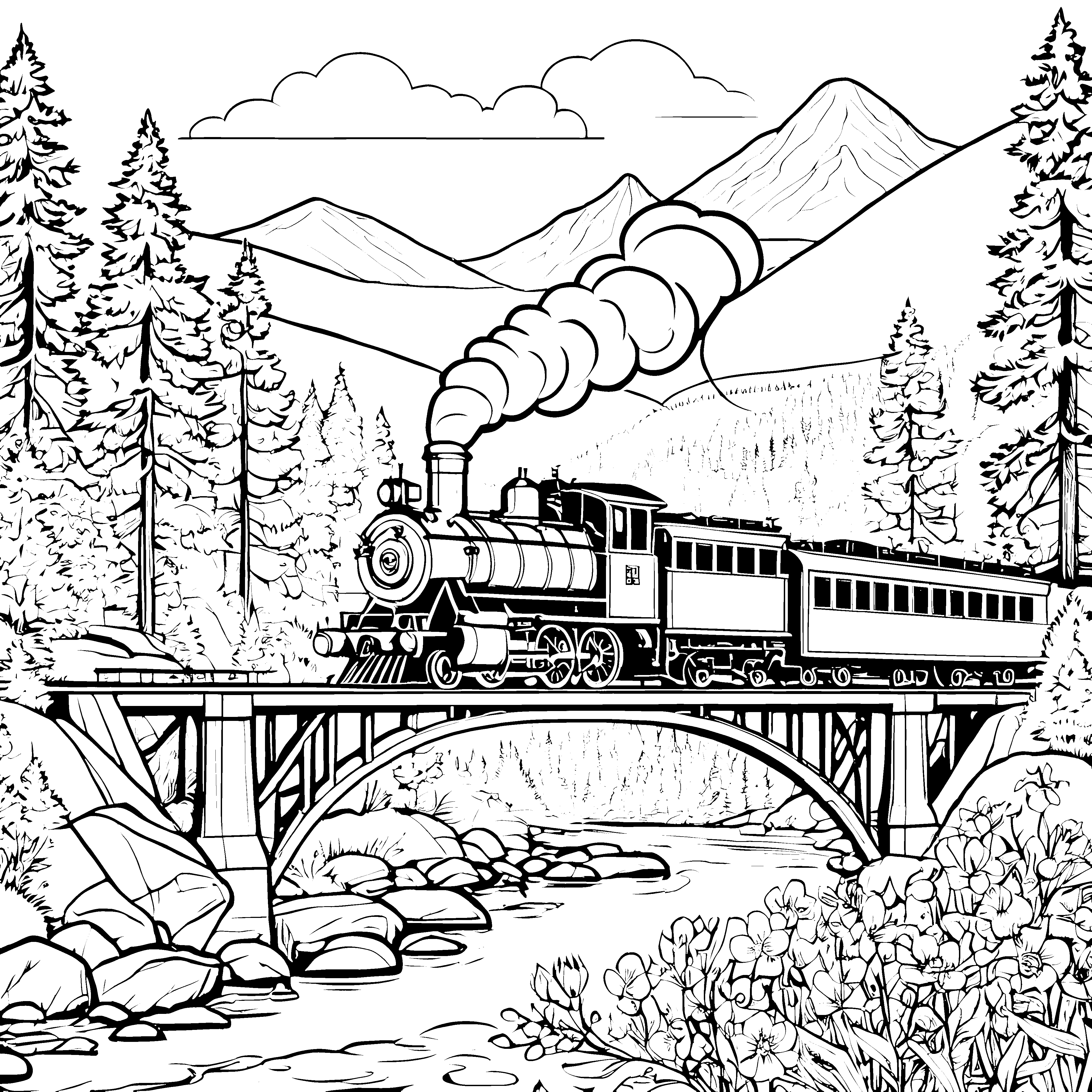 Bezaubernde Dampflokomotive über malerischer Brücke Ausmalbild für kleine Entdecker