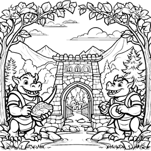 Orks beim fröhlichen Fest unter der Brücke Ausmalmotiv für fantasievolle Abenteurer