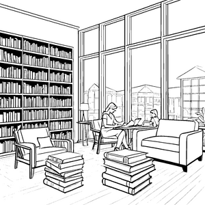 Lesende Bibliothekare zwischen bunten Bücherstapeln Ausmalvorlage für wissbegierige Entdecker