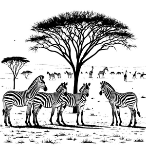 Zebras unter einem afrikanischen Baum Ausmalvorlage für neugierige Entdecker