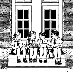 Fröhliche Schülergruppe auf der Treppe der Schule Ausmalvorlage für engagierte Entdecker