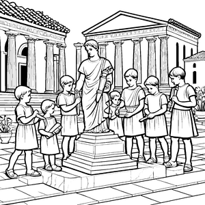 Historische Büste umgeben von neugierigen Kindern Ausmalbild für kreative Geschichtsentdecker