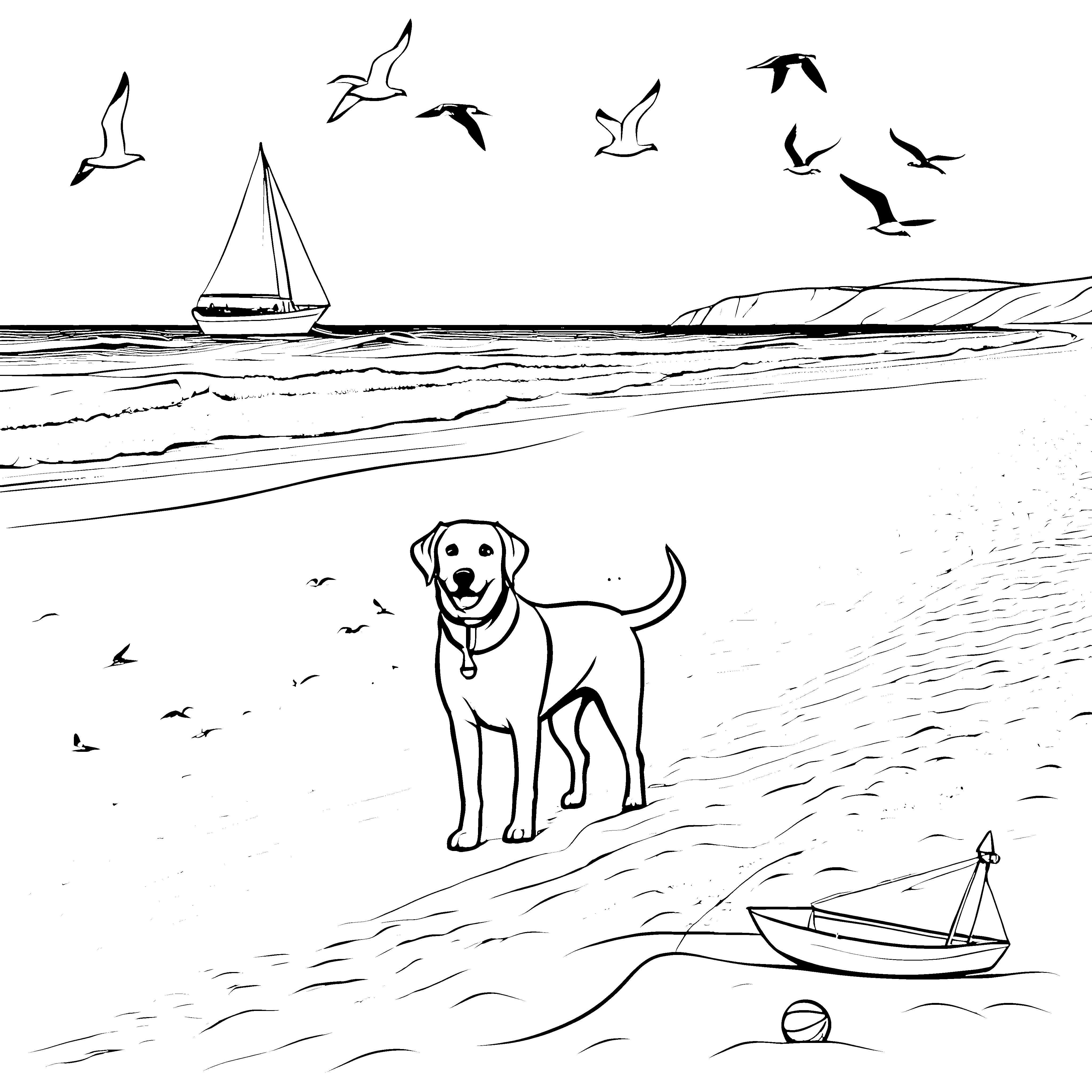Lustiger Labrador am sonnigen Strand Ausmalmotiv für aktive Entdecker