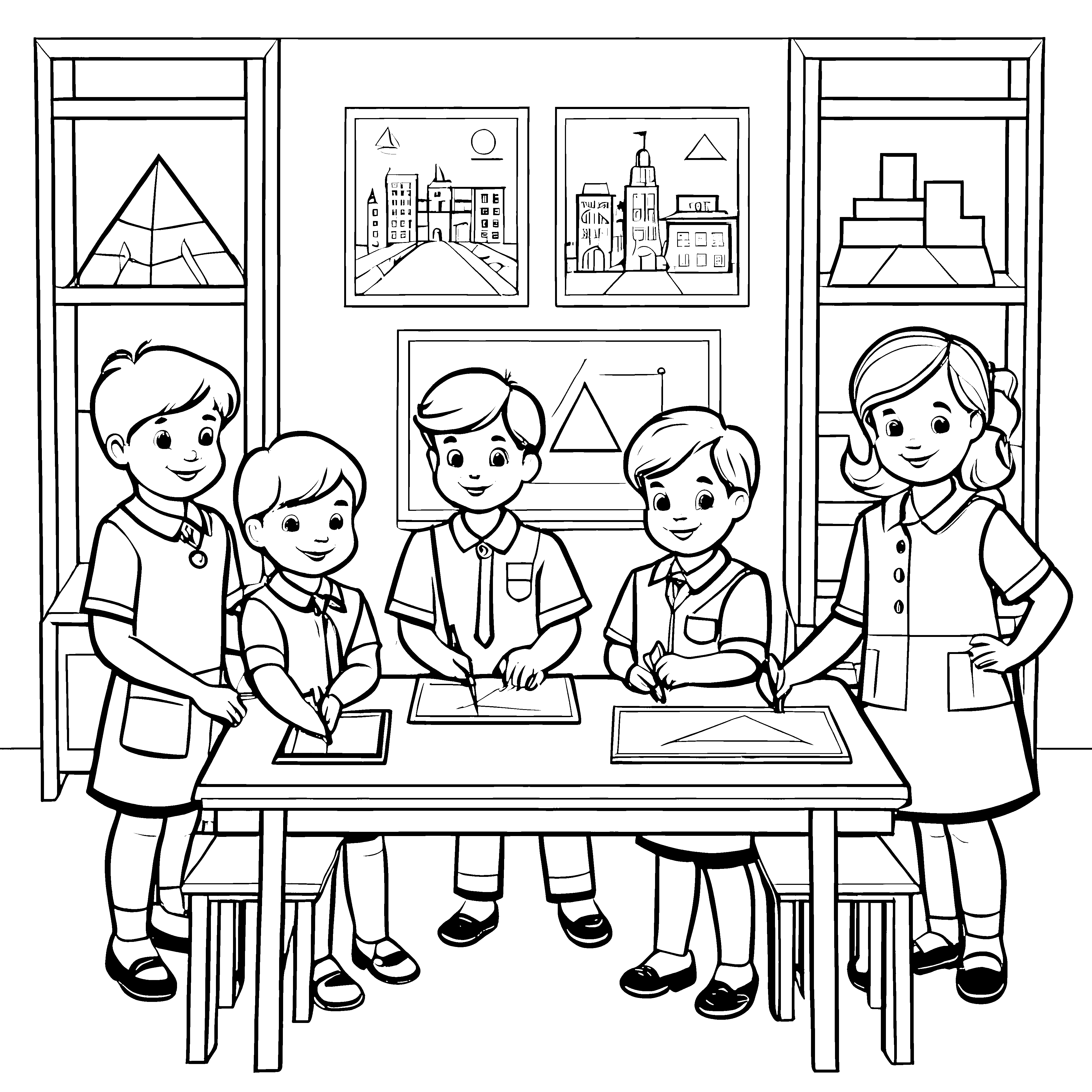 Kreative Schüler bei aufregendem Zeichenprojekt Ausmalvorlage für kleine Künstlerfreunde