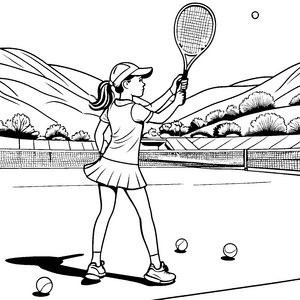 Dynamisches Mädchen beim Tennisspiel Ausmalvorlage für sportliche Entdecker