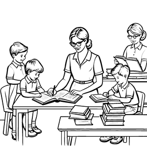 Engagierte Bibliothekarin mit wissbegierigen Kindern Ausmalvorlage für junge Leseratten