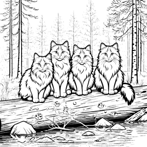 Verspielte norwegische Waldkatzen am glitzernden Wasser Ausmalbild für kreative Tierliebhaber