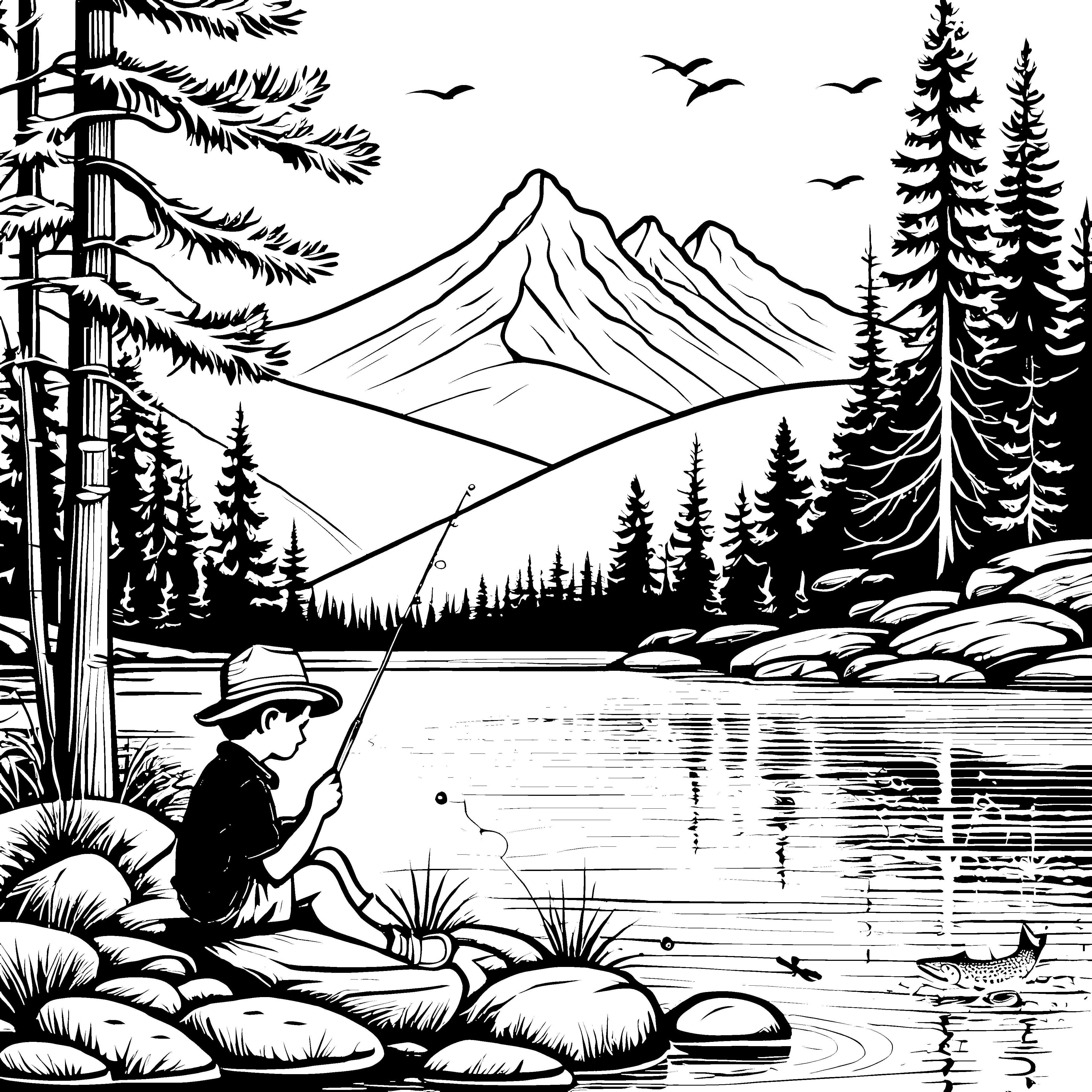 Fantasievoller Angler am ruhigen See Ausmalbild für abenteuerlustige Entdecker