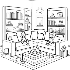 Gemütliches Dreisitzer-Sofa mit bunten Bücherstapeln Ausmalvorlage für kreative Entdecker
